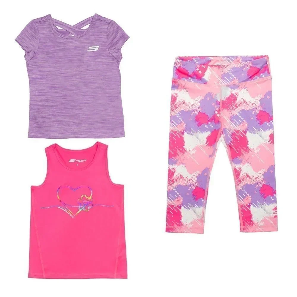 NEW! NWT SKECHERS Girls Kids 3 piece Activewear Set in colors Purple and Pink - Picture 2 of 10
